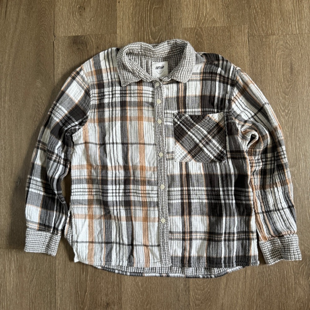 Aerie Button Down Shirt Womens Small Brown Mixed Plaid Gingham Cotton